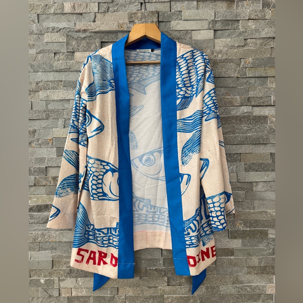 Blue Fish Swimsuit Bathing Suit Coverup Kimono Mini Dress Small - Picture 10 of 11